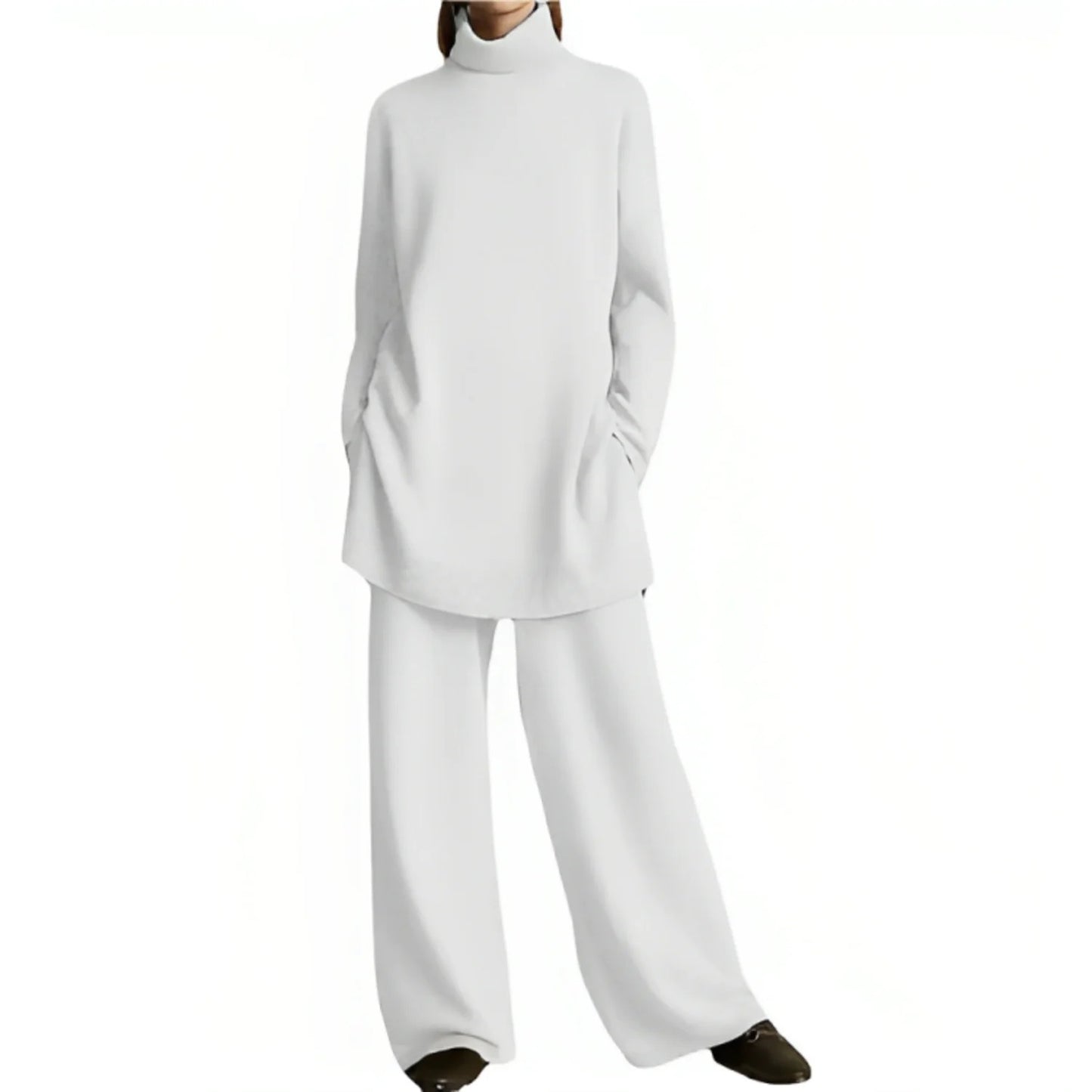 Pullover mit Hohem Kragen und Langarm, Weitbeiniger Bluse-Hosenanzug für Damen | Ideal für Herbst/Winter