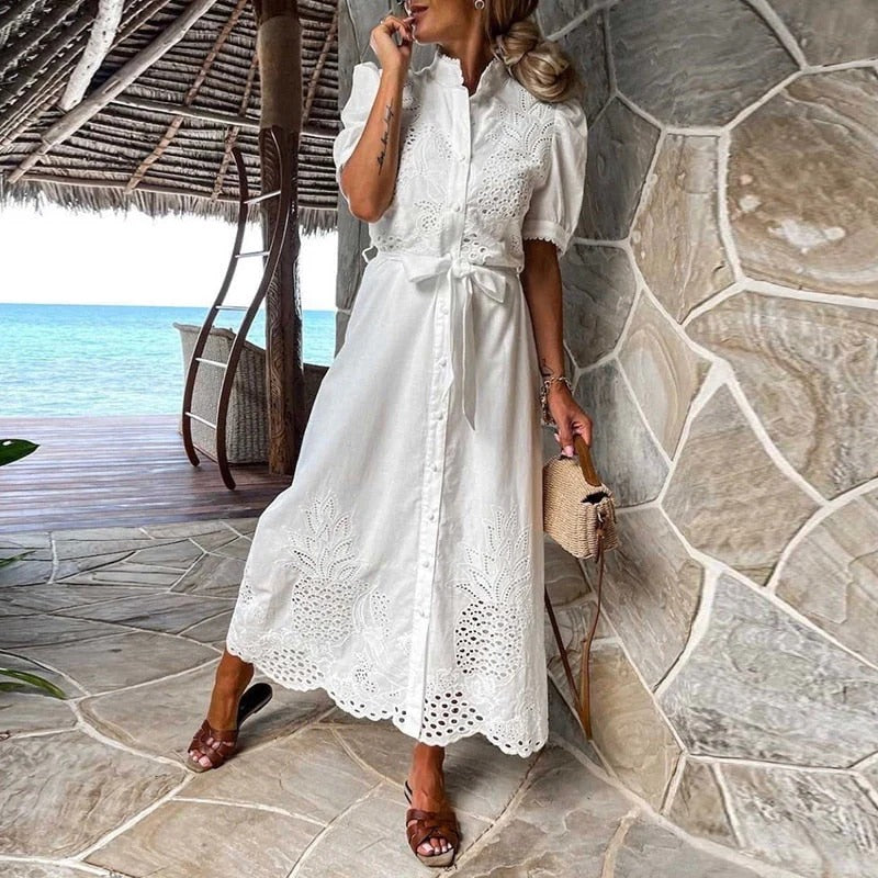 Yvette - Maxikleid Mit Lochmuster Und Gürtel Für Damen | Ideal für Frühling/Sommer