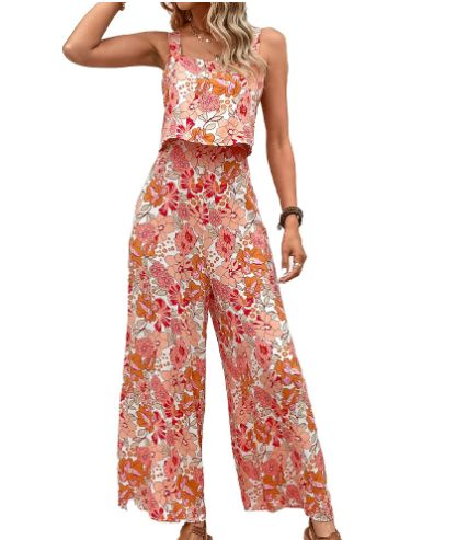 Ärmelloses Kurzes Top mit Hochgeschnittener Hose und Blumenmuster Zwei-Teiler für Damen | Ideal für Frühling/Sommer