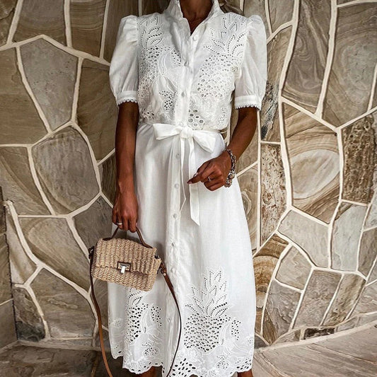 Yvette - Maxikleid Mit Lochmuster Und Gürtel Für Damen | Ideal für Frühling/Sommer